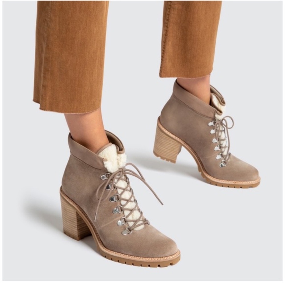 Dolce Vita Post Faux Shearling-Trim Taupe Suede Hiker Boots size 6.5